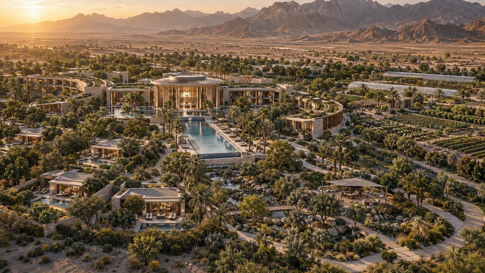 Aerial view at sunset of the Neovia Longevity Resort and Spa set among desert gardens and mountains