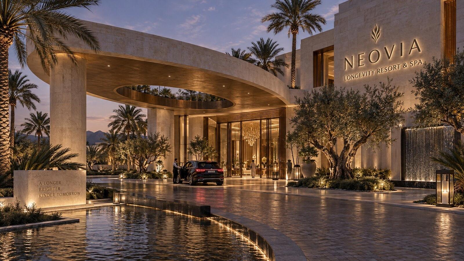 Evening arrival court with the Neovia name above a shaded drive and reflecting pool