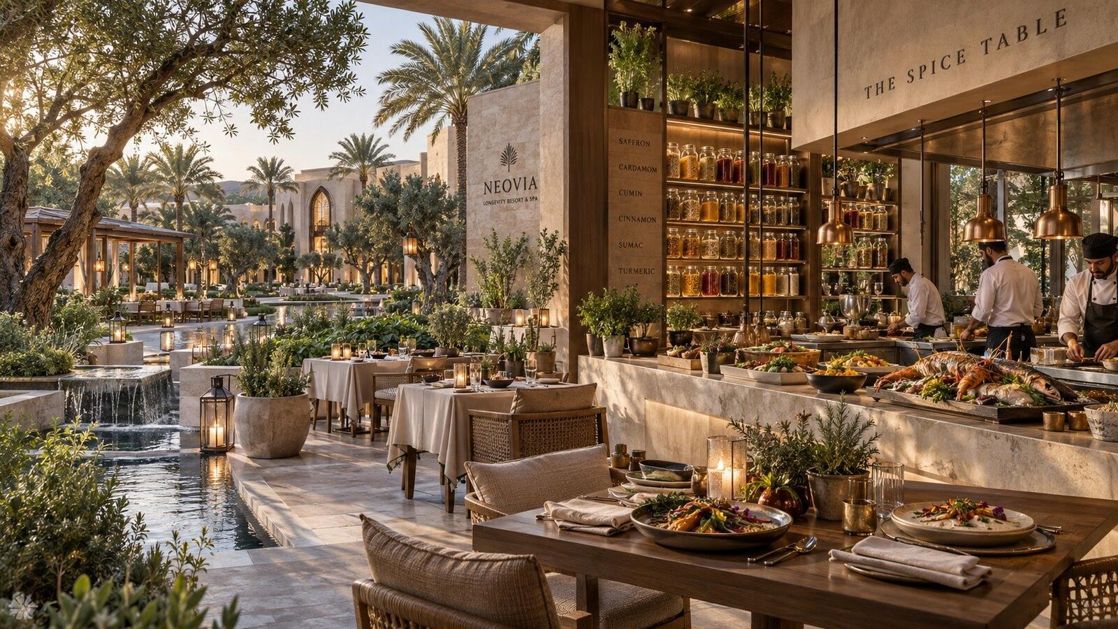 The Spice Table restaurant with an open kitchen and garden terrace