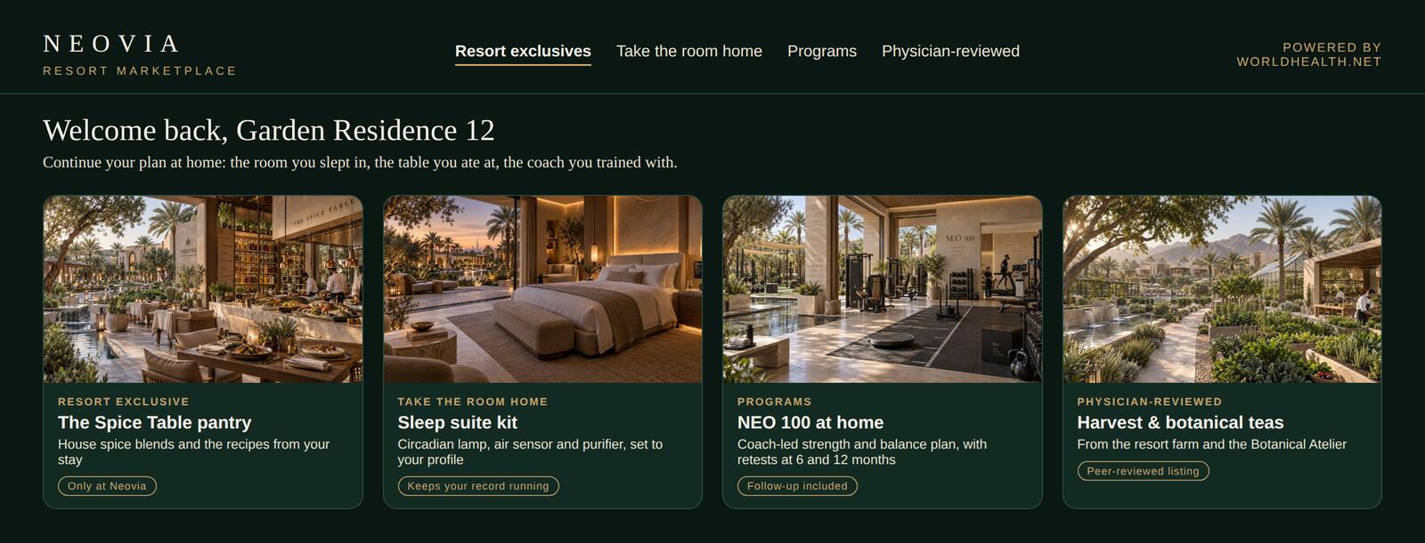 The resort marketplace showing resort exclusives, the sleep suite kit, NEO 100 at home and botanical teas