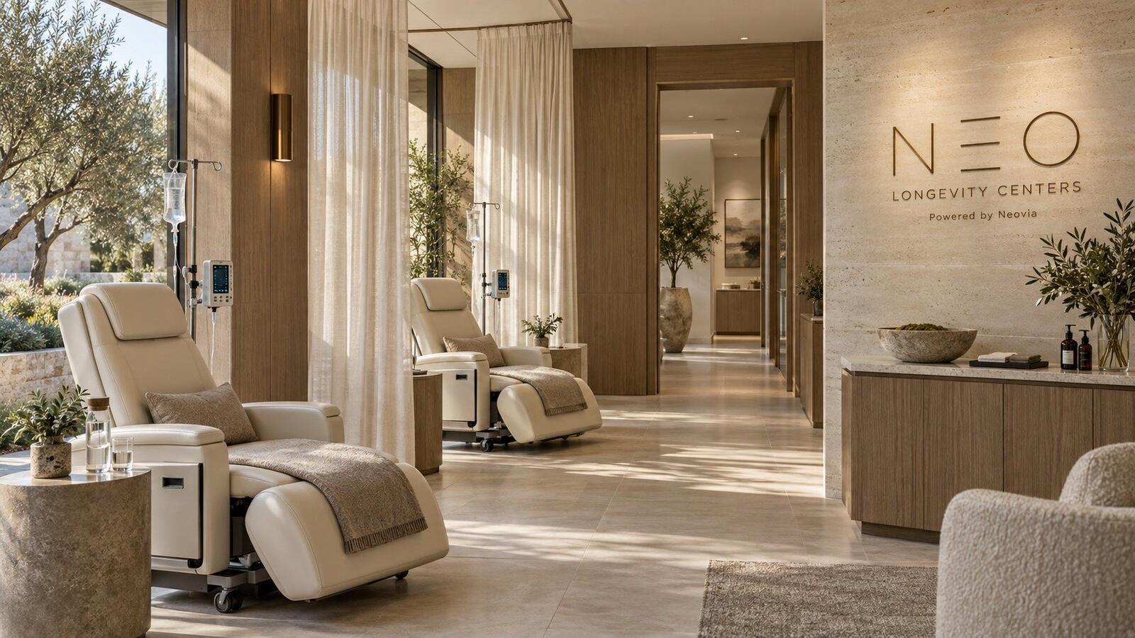 The NEO medical pavilion lounge with clinical recliners and garden views