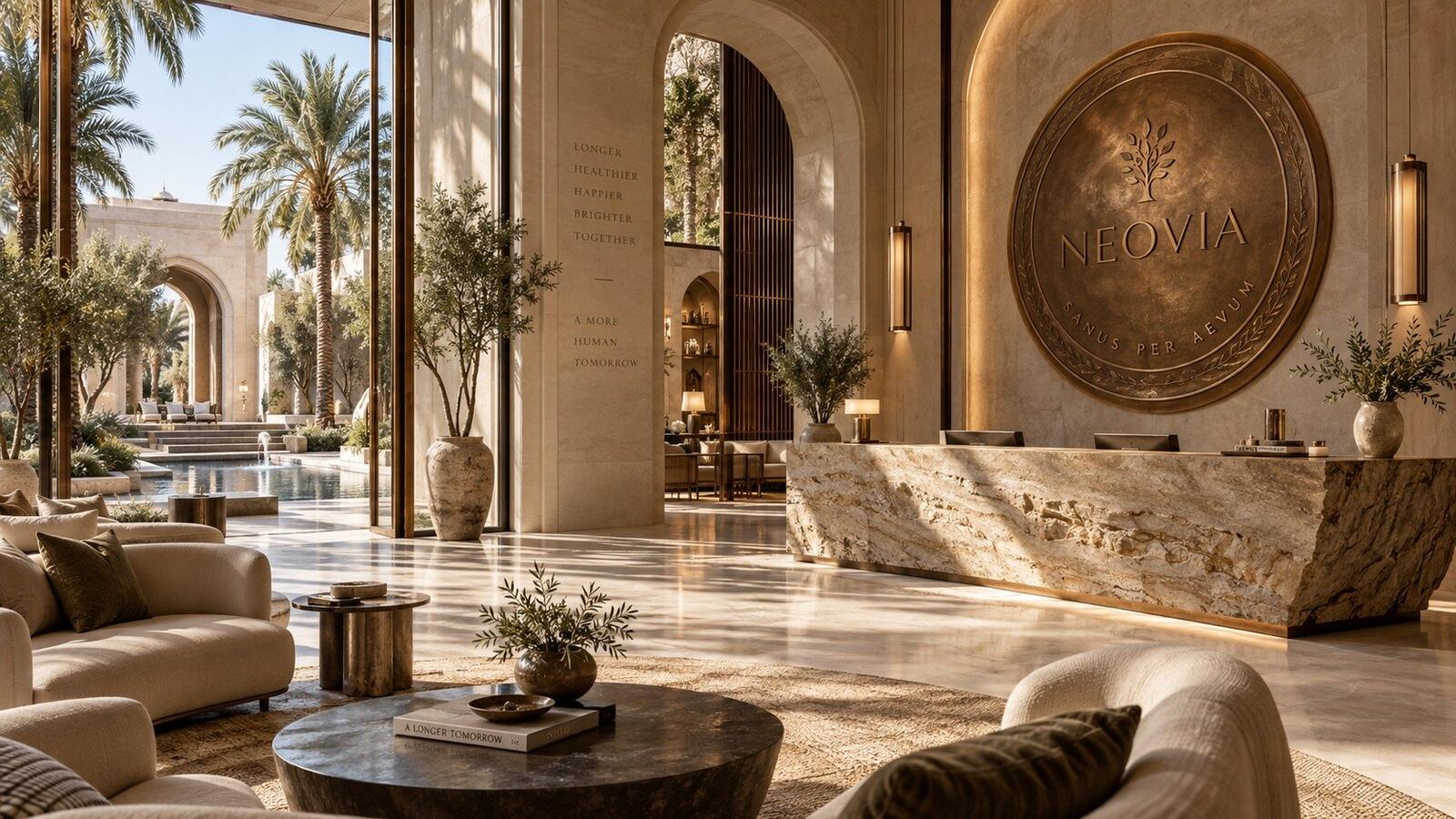 The reception court with the Neovia seal set into a stone wall, lounge seating and garden light