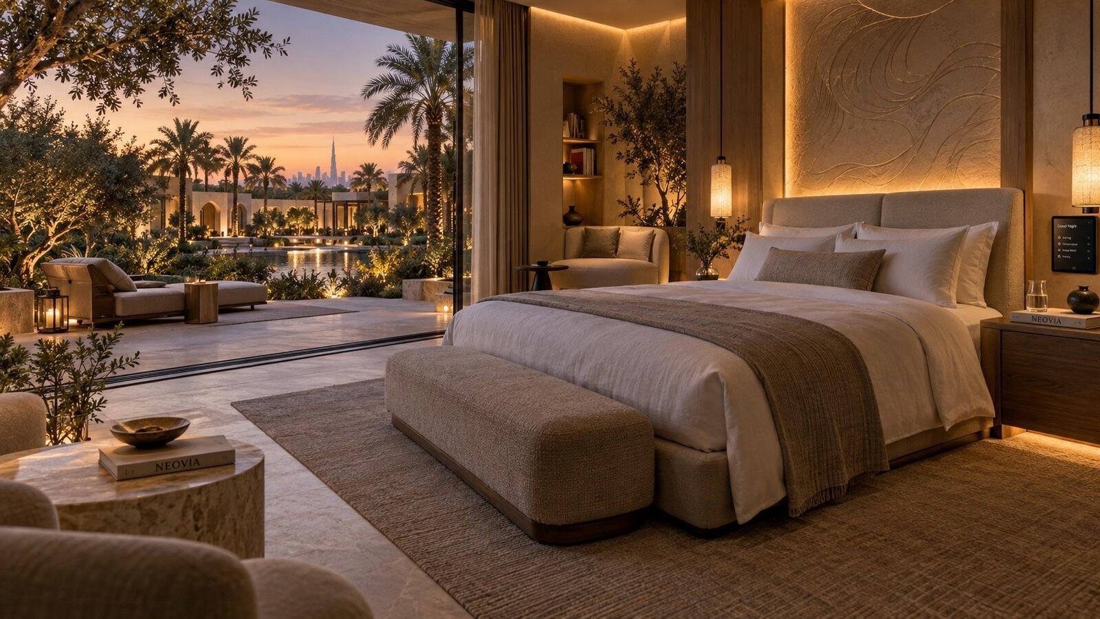 A guest suite opening onto a garden terrace at dusk