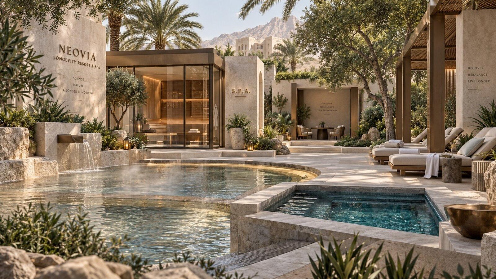 Thermal courtyard with pools among palms and stone