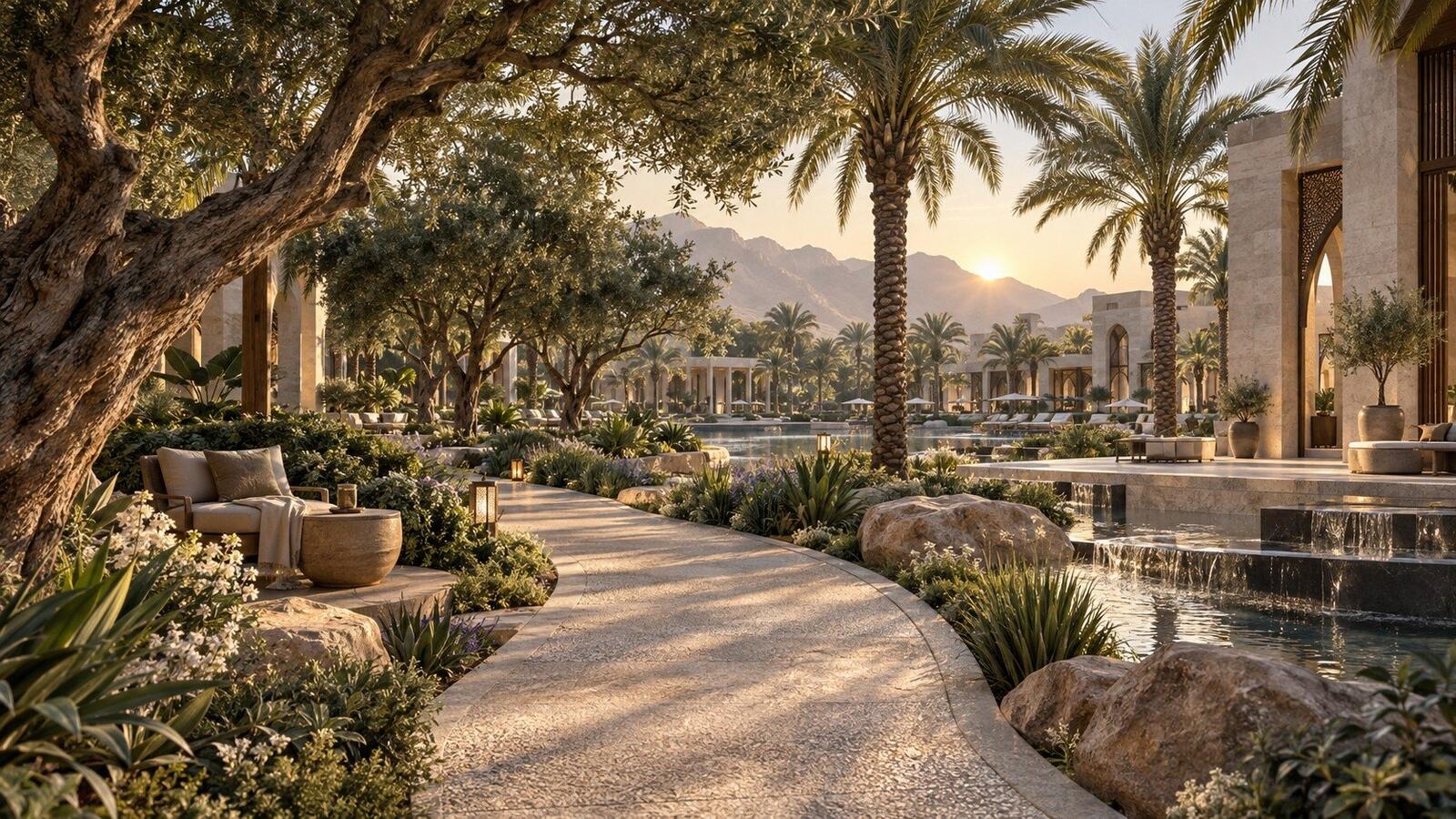 A garden trail through olive trees and desert planting at golden hour